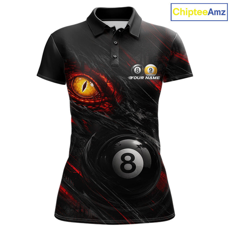Black and Red Grunge Eyes women's billiard polo shirt, custom 8 ball 9 ball pool jersey, billiard team apparel