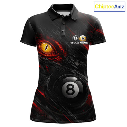 Black and Red Grunge Eyes women's billiard polo shirt, custom 8 ball 9 ball pool jersey, billiard team apparel