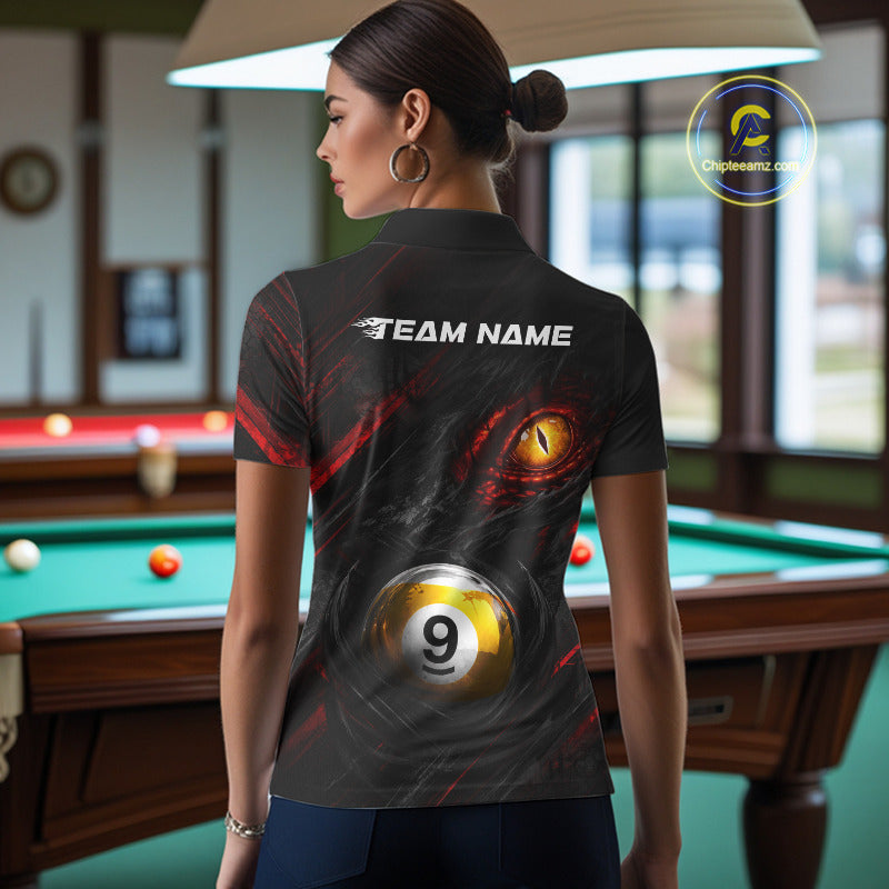 Female billiard player wearing Black and Red Grunge Eyes billiard jersey, custom pool team shirt