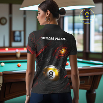 Female billiard player wearing Black and Red Grunge Eyes billiard jersey, custom pool team shirt