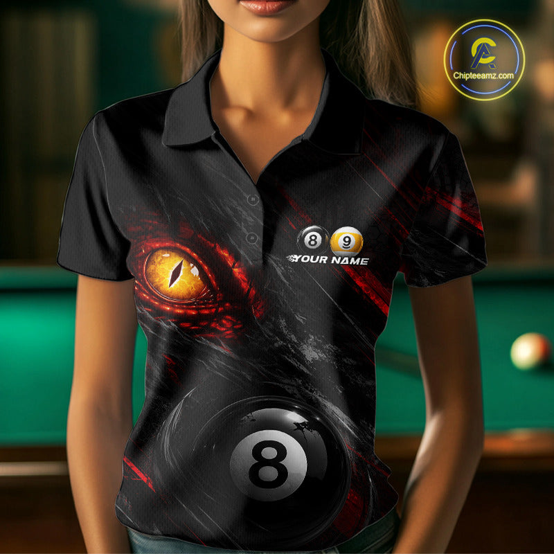 Female billiard player wearing Black and Red Grunge Eyes billiard jersey, custom pool team shirt