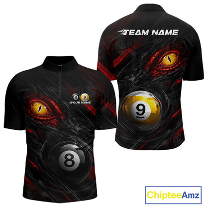 Black and Red Grunge Eyes men's billiard quarter zip shirt, personalized pool team jersey, custom billiard uniform