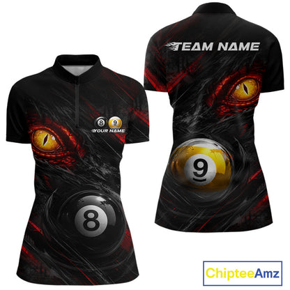 Black and Red Grunge Eyes women's billiard quarter zip shirt, personalized billiard team jersey, pool league uniform