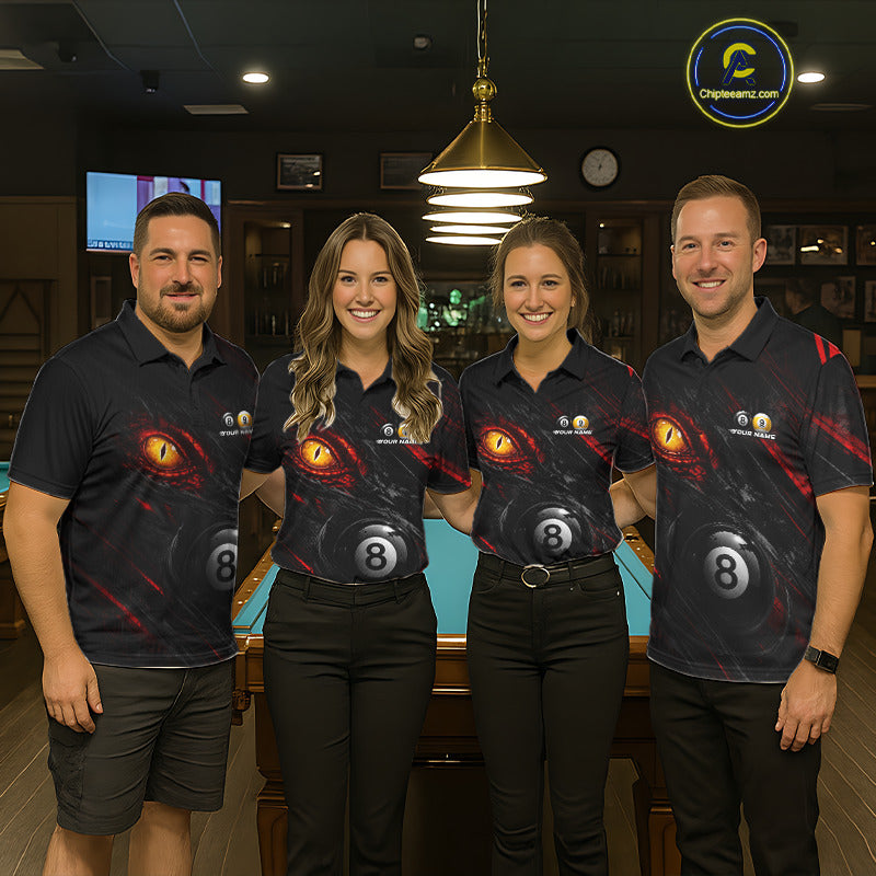 Men women billiard team wearing Black and Red Grunge Eyes custom billiard jerseys, personalized tournament uniforms