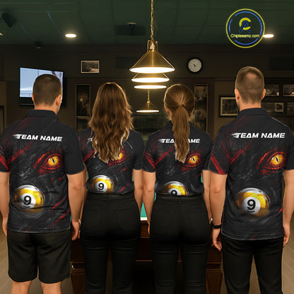 Men women billiard team wearing Black and Red Grunge Eyes custom billiard jerseys, personalized tournament uniforms