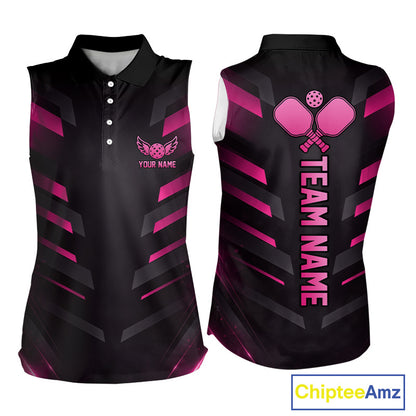 Custom Pink & Black Lightning Women's Pickleball Sleeveless Polo, Personalized Team Apparel, Performance Pickleball Polo, Lightning Paddle Sports Shirt, Tournament Uniform, Athletic Golf & Tennis Inspired, Speed, Power, Championship Spirit