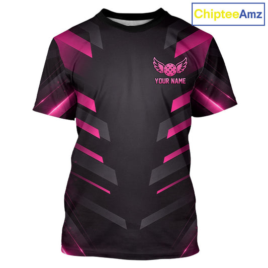 Custom Pink And Black Pickleball T-Shirt For Men, Lightning Pickleball Tournament Shirt NYN3855