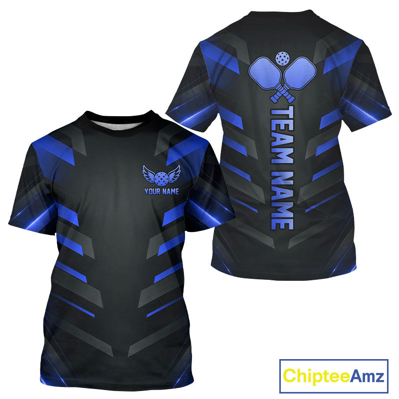 Custom Blue And Black Pickleball T-Shirt For Men, Lightning Pickleball Tournament Shirt NYN3856