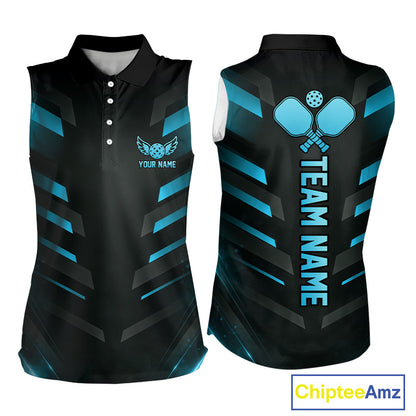 Custom Turquoise & Black Lightning Women's Pickleball Sleeveless Polo, Personalized Paddle Sports Polo, Tournament Apparel, Athletic Team Uniform, Agility, Confidence & Speed