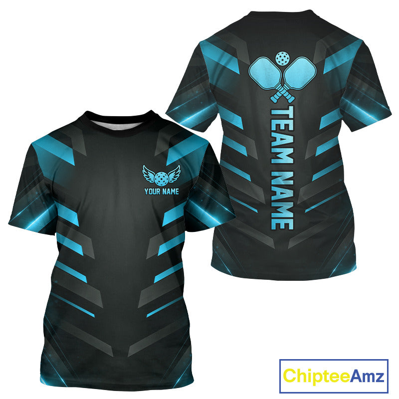Custom Turquoise And Black Pickleball T-Shirt For Men, Lightning Pickleball Tournament Shirt NYN3857