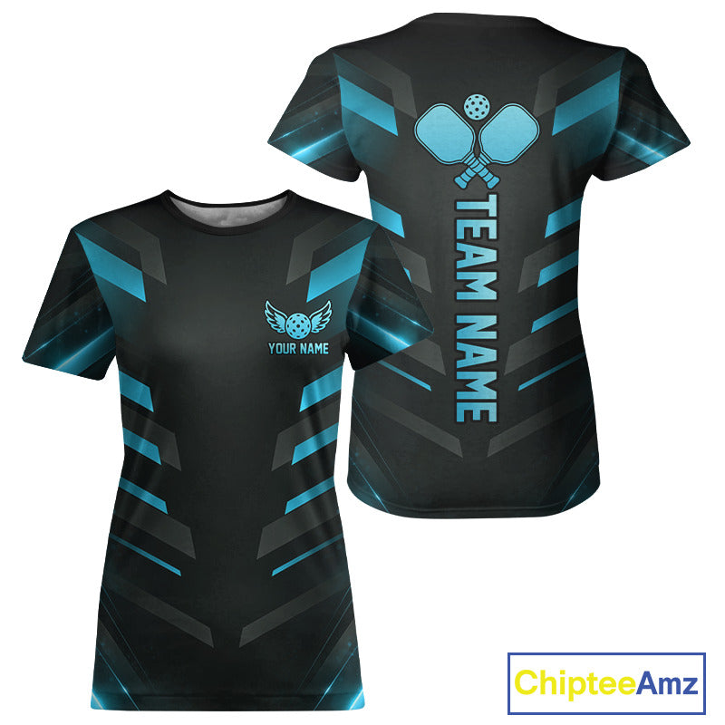 Custom Turquoise & Black Lightning Women's Pickleball T-Shirt, Personalized Pickleball League Shirt, Athletic Tournament Tee, Performance Sportswear