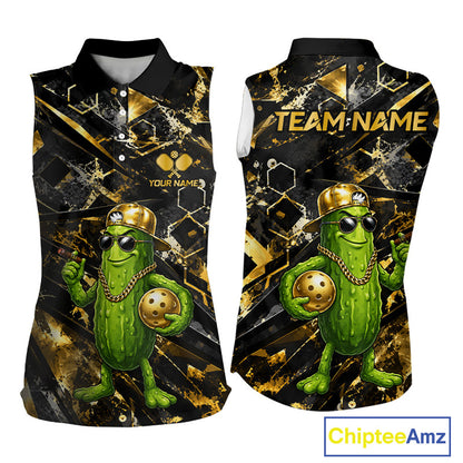 Custom Gold & Black Retro Women's Pickleball Sleeveless Polo, Personalized Vintage Paddle Sports Polo, Classic Athletic Apparel, Retro Tournament Uniform