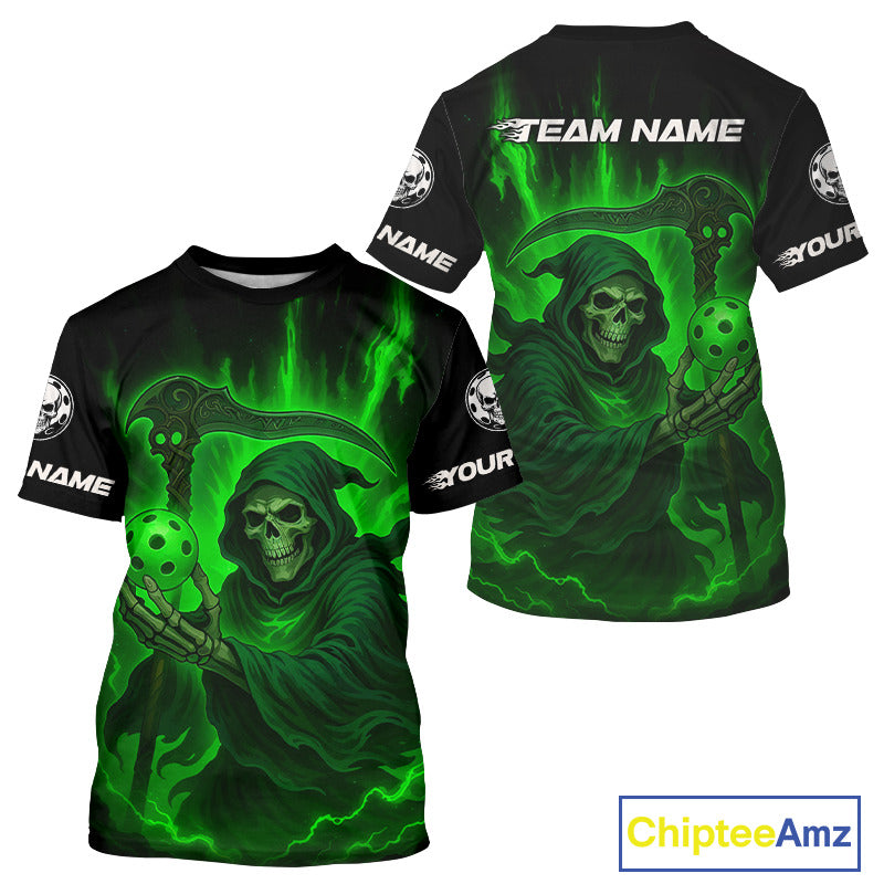 Custom Green The Grim Reaper Flames Pickleball Ball T-Shirt For Men Pickleball Team Jersey NYN1483