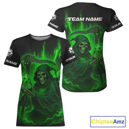 Custom Green The Grim Reaper Flames Pickleball Ball T-Shirt For Women Pickleball Team Jersey NYN1483