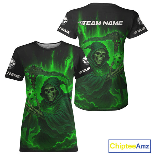 Custom Green The Grim Heaper Flames Pickleball Ball T-Shirt For Women Pickleball Team Jersey NYN1483