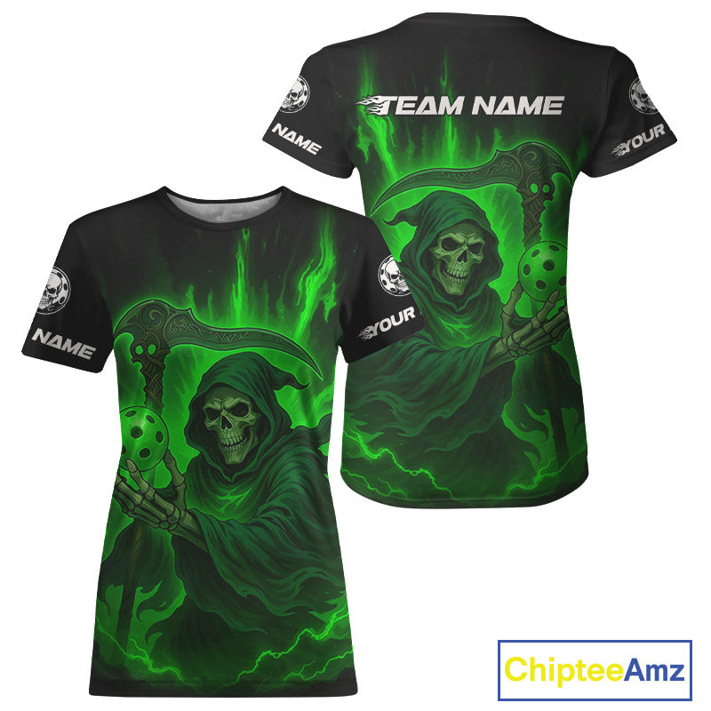 Custom Green The Grim Heaper Flames Pickleball Ball T-Shirt For Women Pickleball Team Jersey NYN1483