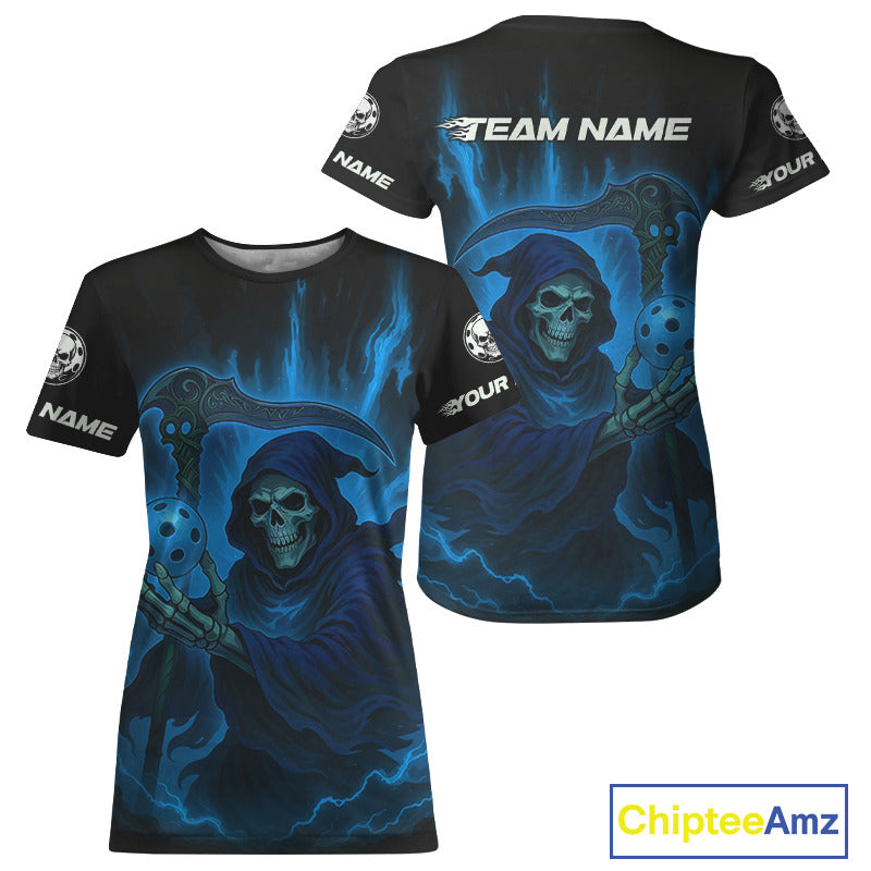 Custom Blue The Grim Reaper Flames Pickleball Ball T-Shirt For Women Pickleball Team Jersey NYN1484