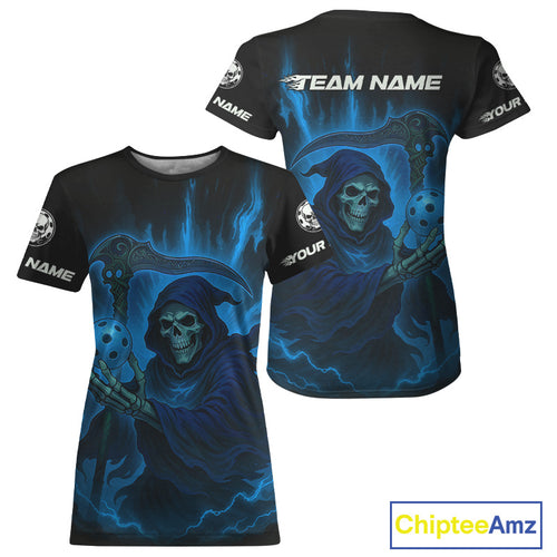 Custom Blue The Grim Heaper Flames Pickleball Ball T-Shirt For Women Pickleball Team Jersey NYN1484