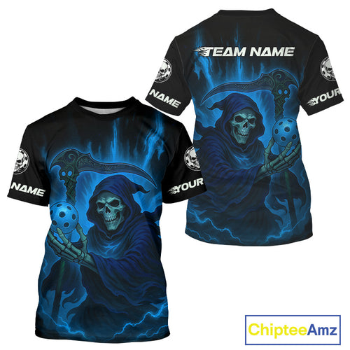 Custom Blue The Grim Heaper Flames Pickleball Ball T-Shirt For Men Pickleball Team Jersey NYN1484