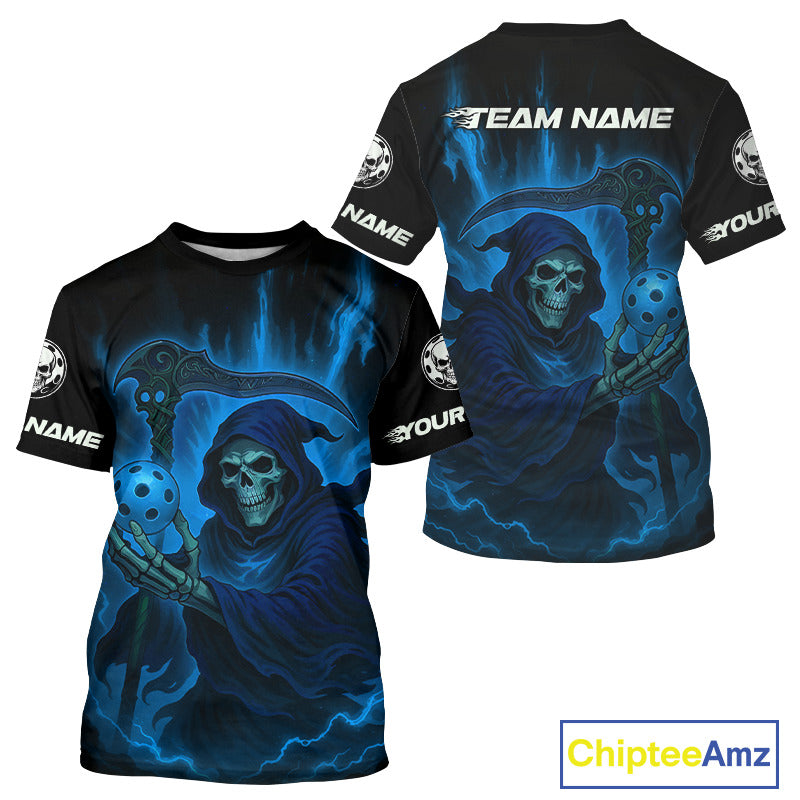 Custom Blue The Grim Heaper Flames Pickleball Ball T-Shirt For Men Pickleball Team Jersey NYN1484