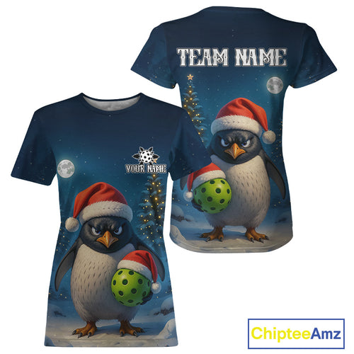 Custom Santa Penguin Christmas Pickleball Ball T-Shirt For Women Xmas Pickleball Jersey NYN1487