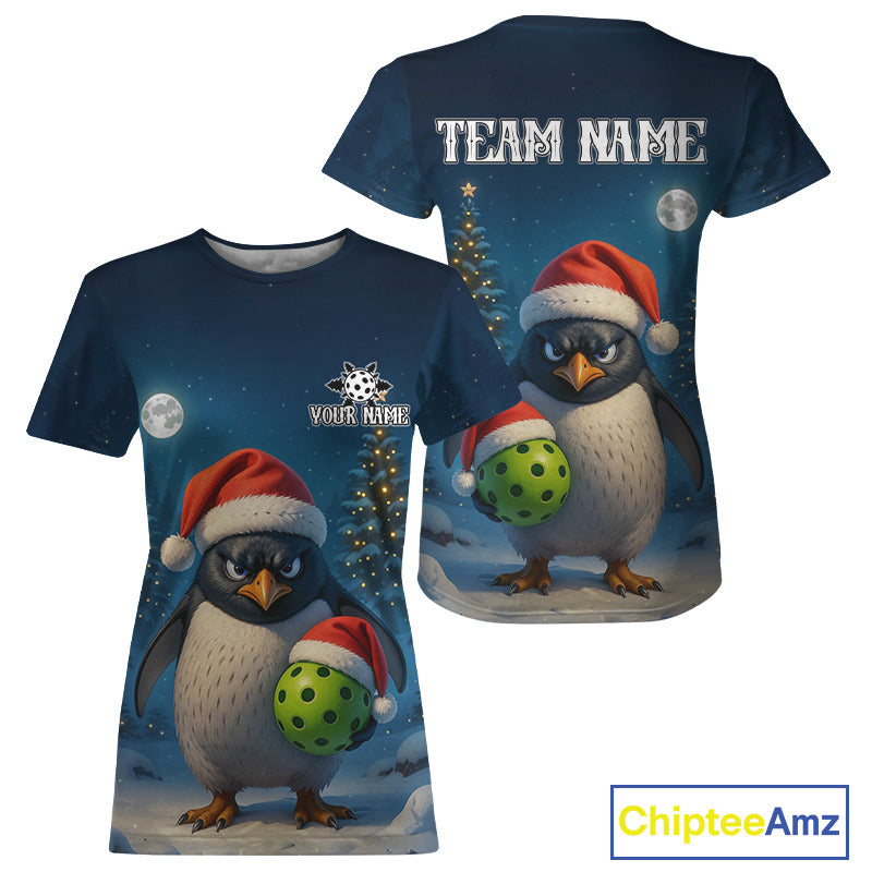 Custom Santa Penguin Christmas Pickleball Ball T-Shirt For Women Xmas Pickleball Jersey NYN1487