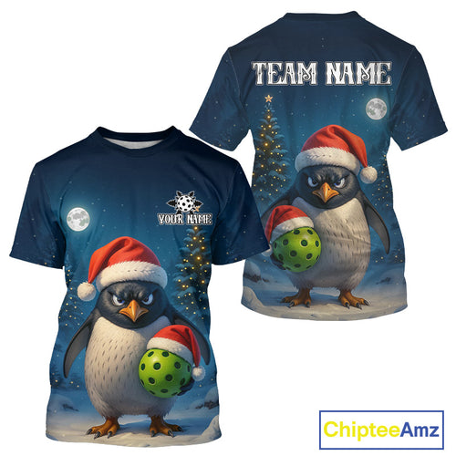 Custom Santa Penguin Christmas Pickleball Ball T-Shirt For Men Xmas Pickleball Jersey NYN1487