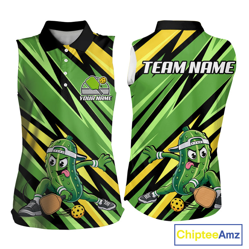 Yellow & Green Strikes Pickle Pickleball Sleeveless Polo Shirt Women Custom Funny Pickle Team Pickleball Shirt NYN4583