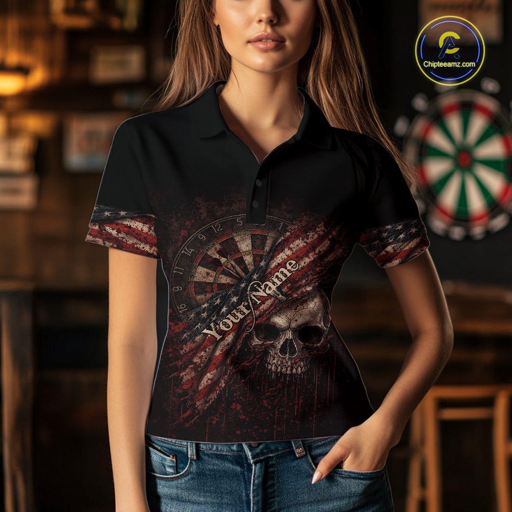 Red Grunge Retro American Flag Dartboard Women Dart Polo Shirt Custom Skull Dart Team Jerseys NYN2542