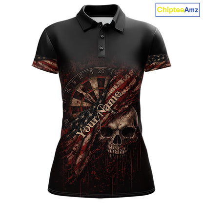 Red Grunge Retro American Flag Dartboard Women Dart Polo Shirt Custom Skull Dart Team Jerseys NYN2542