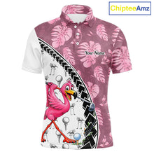 Load image into Gallery viewer, Golfing Flamingo Mens Golf Polo Shirt Custom Pink Pattern Monstera Golf Ball Clothes Shirts NYN2910