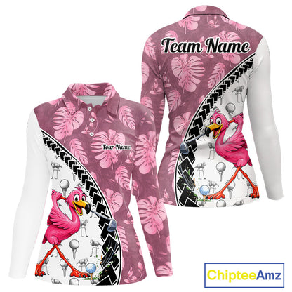 Golfing Flamingo Womens Golf Polo Shirt Custom Pink Pattern Monstera Golf Ball Clothes Shirts NYN2910