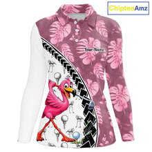 Load image into Gallery viewer, Golfing Flamingo Womens Golf Polo Shirt Custom Pink Pattern Monstera Golf Ball Clothes Shirts NYN2910