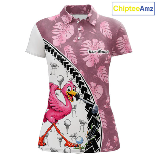 Golfing Flamingo Womens Golf Polo Shirt Custom Pink Pattern Monstera Golf Ball Clothes Shirts NYN2910