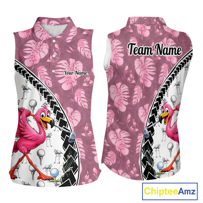 Golfing Flamingo Womens Sleeveless Golf Polo Shirt Custom Pink Pattern Monstera Golf Clothes Shirts NYN2910