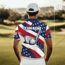 Load image into Gallery viewer, Male golfer wearing patriotic US flag golf polo shirt, red white blue golf apparel, custom golf team clothing, men's golf tournament outfit