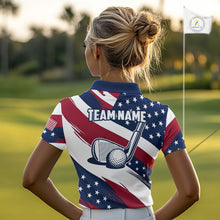 Load image into Gallery viewer, Female golfer wearing patriotic US flag golf polo shirt, red white blue golf apparel, custom golf team clothing, women's golf tournament outfit