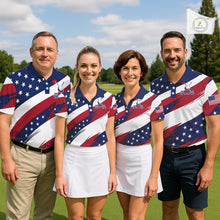 Load image into Gallery viewer, Men women golf team wearing matching US flag golf polo shirts, patriotic golf uniforms, golf league apparel, custom golf team attire