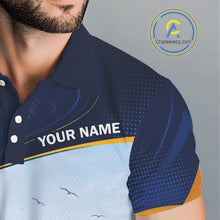 Load image into Gallery viewer, Male golfer wearing tropical palm trees golf polo shirt, ocean golf apparel, summer golf outfit, personalized golf clothing