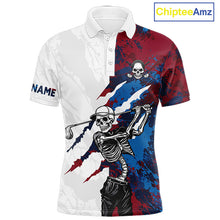 Load image into Gallery viewer, Men's red and blue splatter skull golf polo shirt, skull golf apparel, custom golf team shirt, funny golf clothing, tournament golf polo