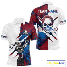 Load image into Gallery viewer, Men's red and blue splatter skull golf polo shirt, skull golf apparel, custom golf team shirt, funny golf clothing, tournament golf polo