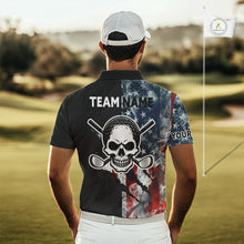 Load image into Gallery viewer, Male golfer wearing smoke US flag skull golf polo shirt, patriotic golf outfit, custom golf apparel