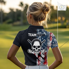 Load image into Gallery viewer, Female golfer wearing smoke US flag skull golf polo shirt, patriotic golf outfit, custom golf apparel
