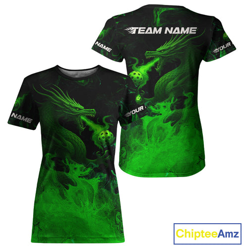 Custom Green Flames Dragon Pickleball Ball T-Shirt For Women Outfits Pickleball Jersey NYN1488