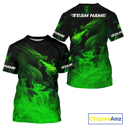 Custom Green Flames Dragon Pickleball Ball T-Shirt For Men Outfits Pickleball Jersey NYN1488