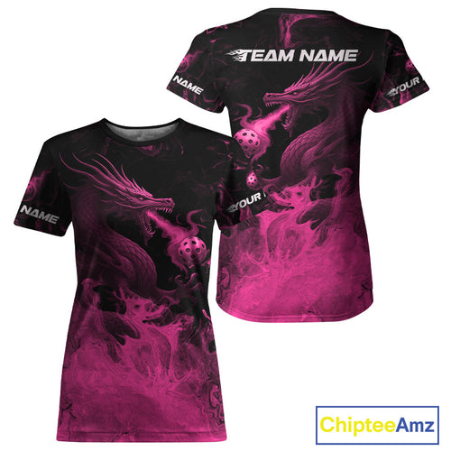 Custom Pink Flames Dragon Pickleball Ball T-Shirt For Women Outfits Pickleball Jersey NYN1489