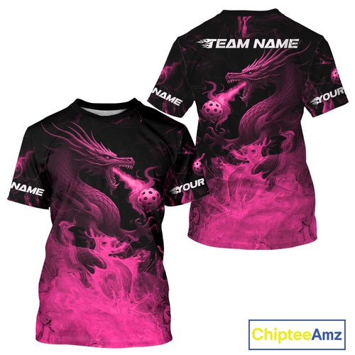 Custom Pink Flames Dragon Pickleball Ball T-Shirt For Men Outfits Pickleball Jersey NYN1489