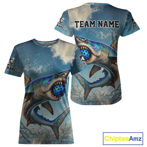 Custom Blue Ferocious Shark Funny Pickleball T-Shirt For Women Pickleball Team Jersey NYN1490