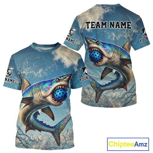 Custom Blue Ferocious Shark Funny Pickleball T-Shirt For Men Pickleball Team Jersey NYN1490