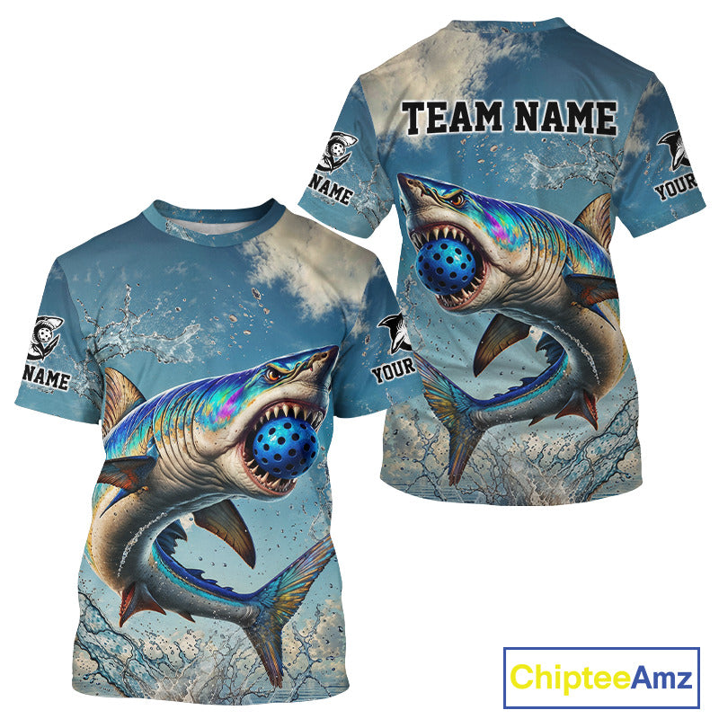 Custom Blue Ferocious Shark Funny Pickleball T-Shirt For Men Pickleball Team Jersey NYN1490